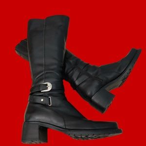 Donald J Pliner knee high black leather boots lug sole Italy red inside 39
